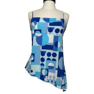 VTG Y2K Vanity Blue Geometric Print Asymmetrical Sharkbite Hem Cami Top Fairy M